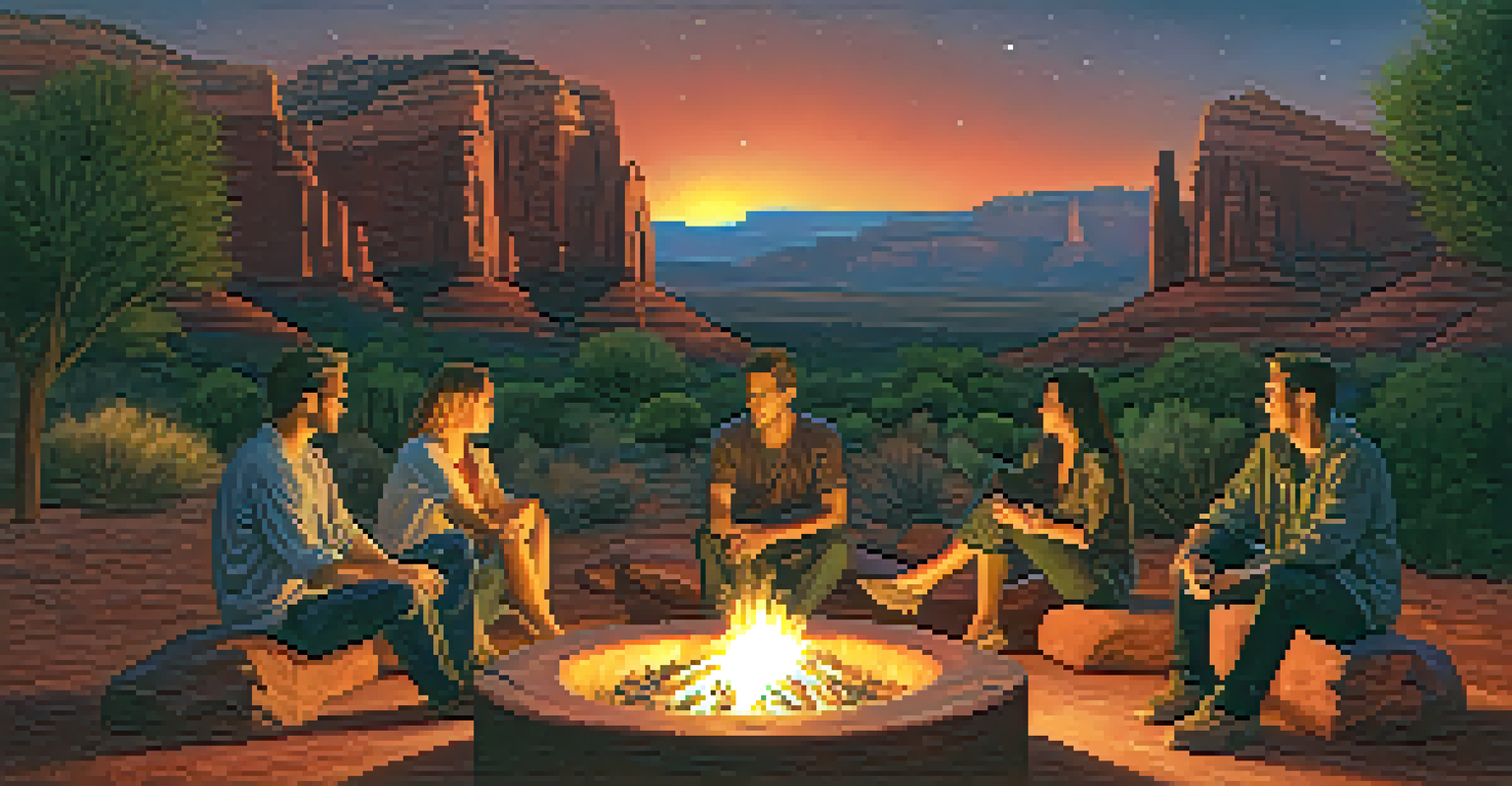 A group of people sitting around a fire pit at night with a starry sky and red rocks in the background.