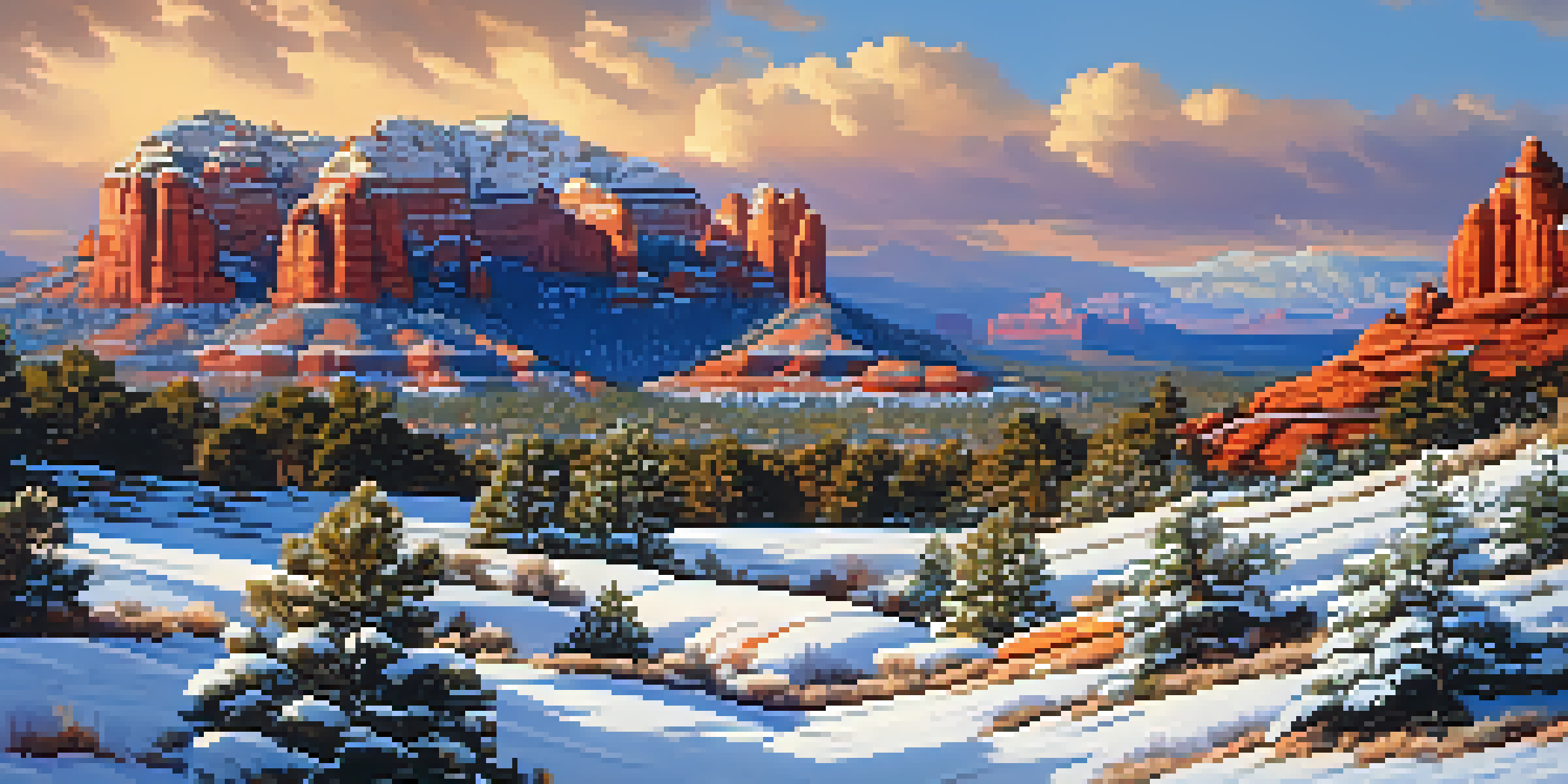 A winter landscape in Sedona, featuring red rocks covered in snow under a blue sky, with a sunset casting a golden glow.