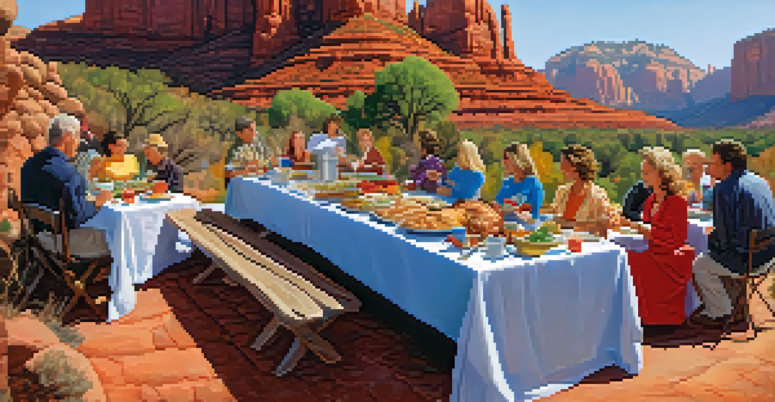 A long outdoor table filled with Thanksgiving dishes, surrounded by happy people enjoying a potluck meal with red rock formations in the background.