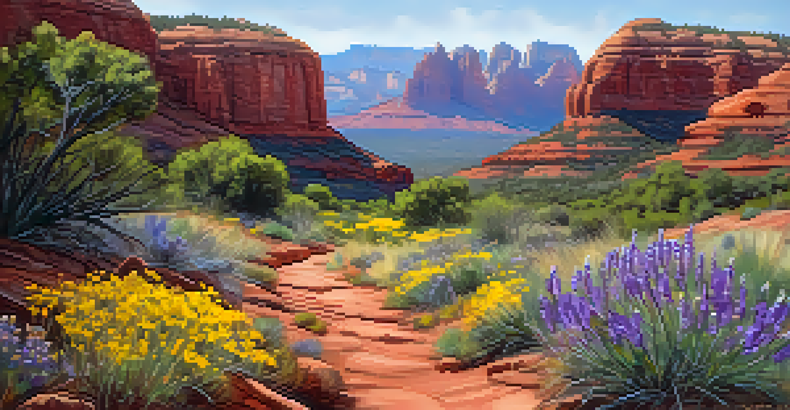 Close-up of colorful wildflowers along a hiking trail with red rock formations in the background.