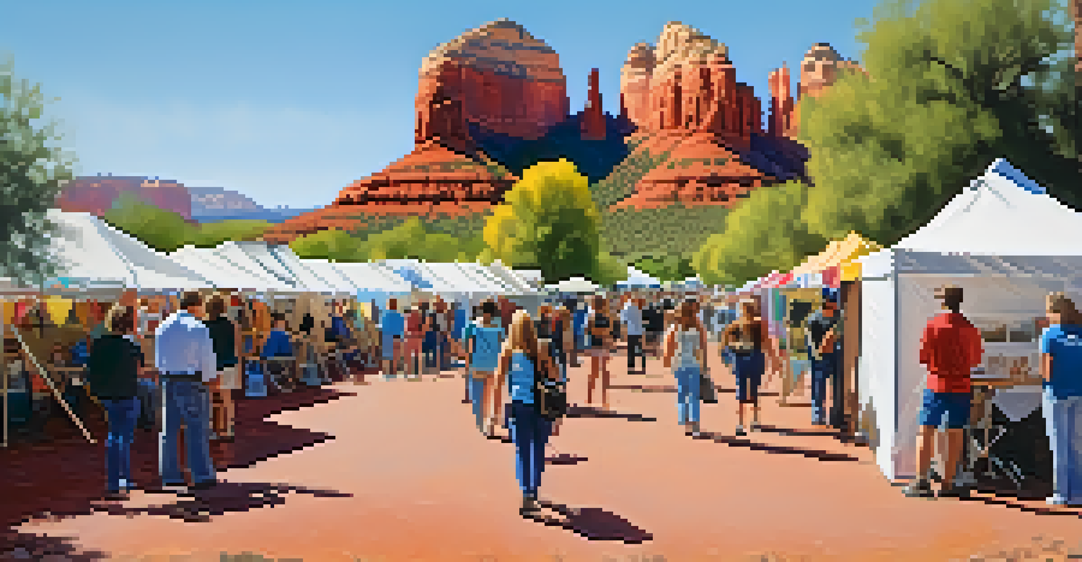 An art fair in Sedona featuring young artists' work displayed in colorful tents, with visitors engaging in conversation and the red rock landscape in the background.