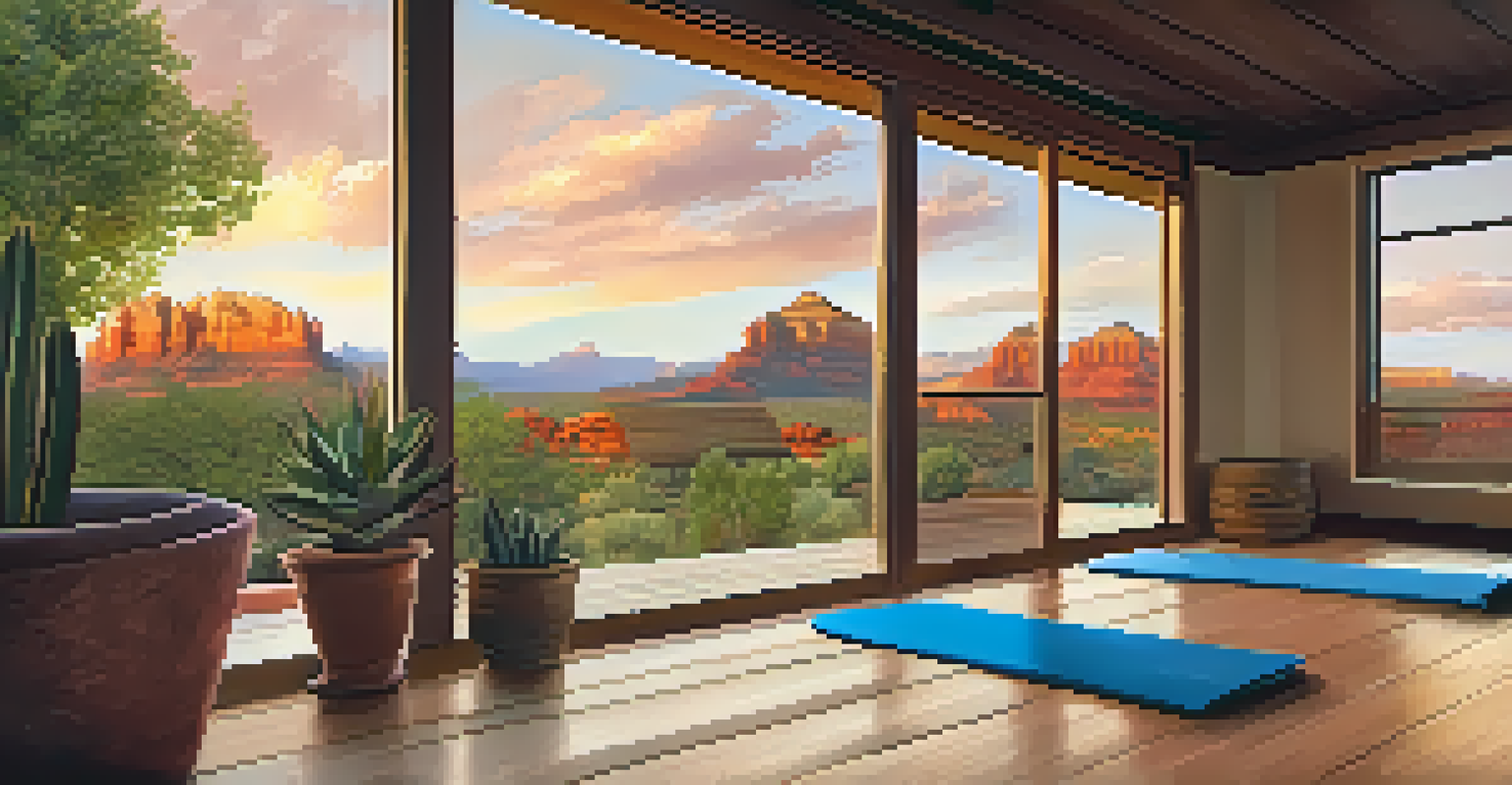 An outdoor wellness center in Sedona with yoga mats on a deck overlooking red rock formations, illuminated by soft golden hour light.