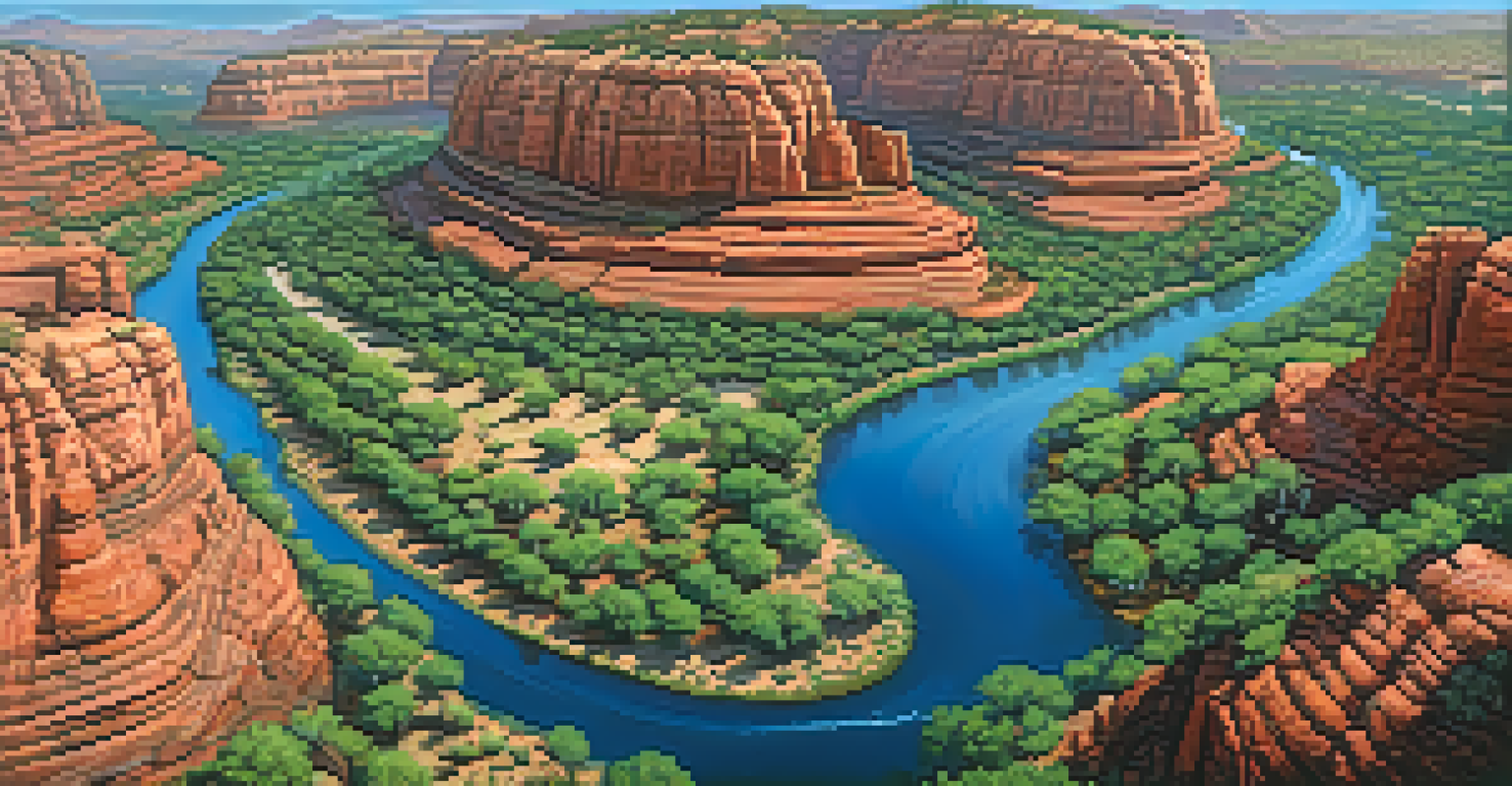 An aerial view of Sedona's riparian zones, showcasing winding rivers and lush banks against red rock formations.