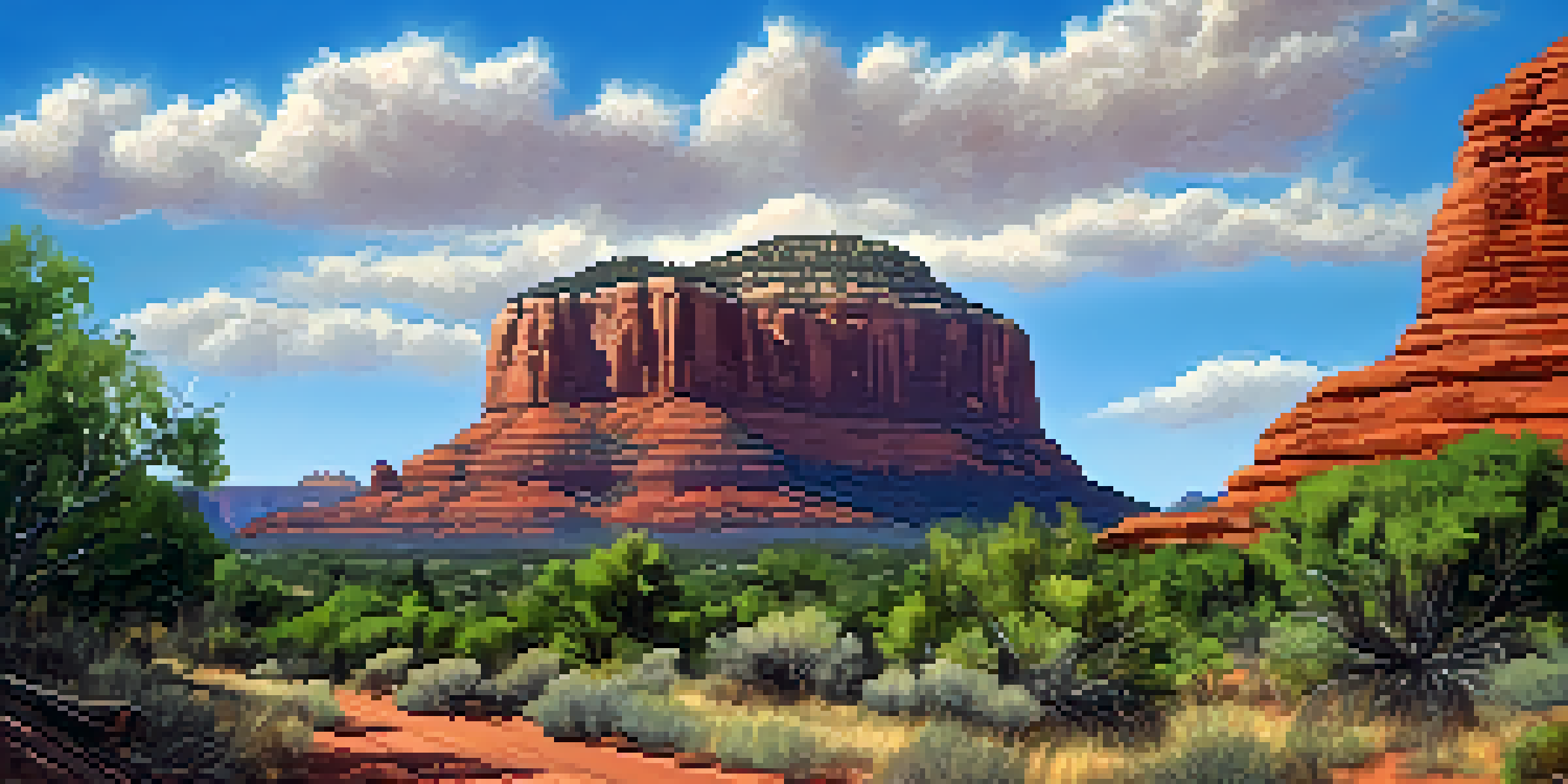 A scenic view of the Bell Rock Pathway with a beginner mountain biker, red rock formations, and a blue sky.