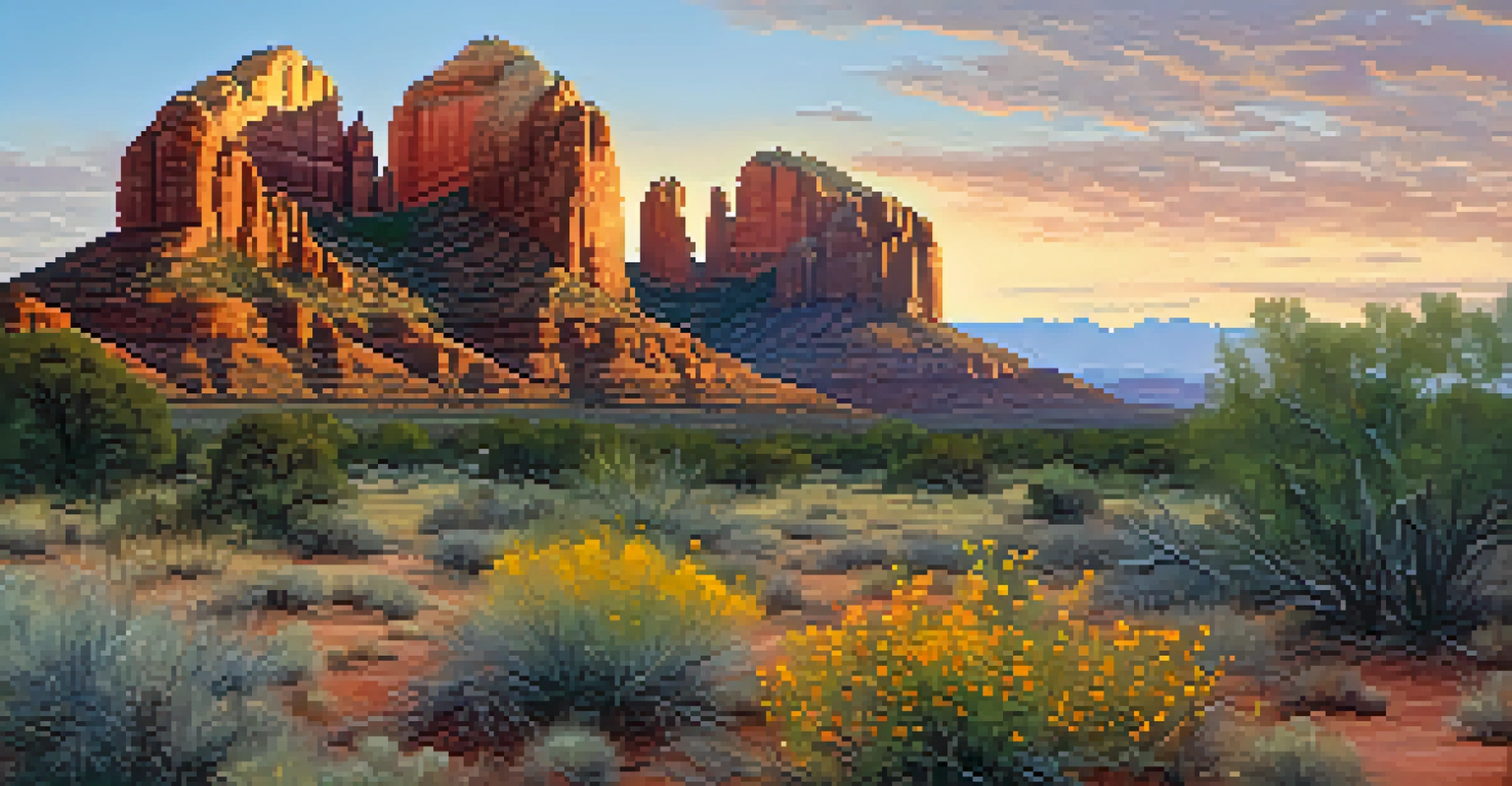 A scenic sunrise view of Cathedral Rock with vibrant golden light and wildflowers in the foreground.