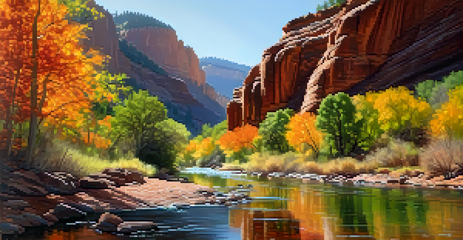A beautiful fall scene in Oak Creek Canyon, highlighting the contrast of red rocks and colorful foliage, with sunlight filtering through the trees and reflecting on the creek.