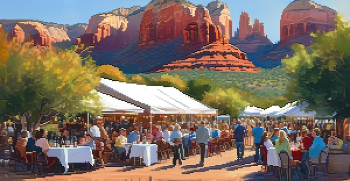 A lively scene at the Sedona Wine Festival with red rock formations, attendees enjoying wine tastings, and colorful decorations.