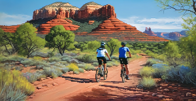 A family riding bikes on the Bell Rock Pathway with red rock formations in the background and wildflowers in the foreground.