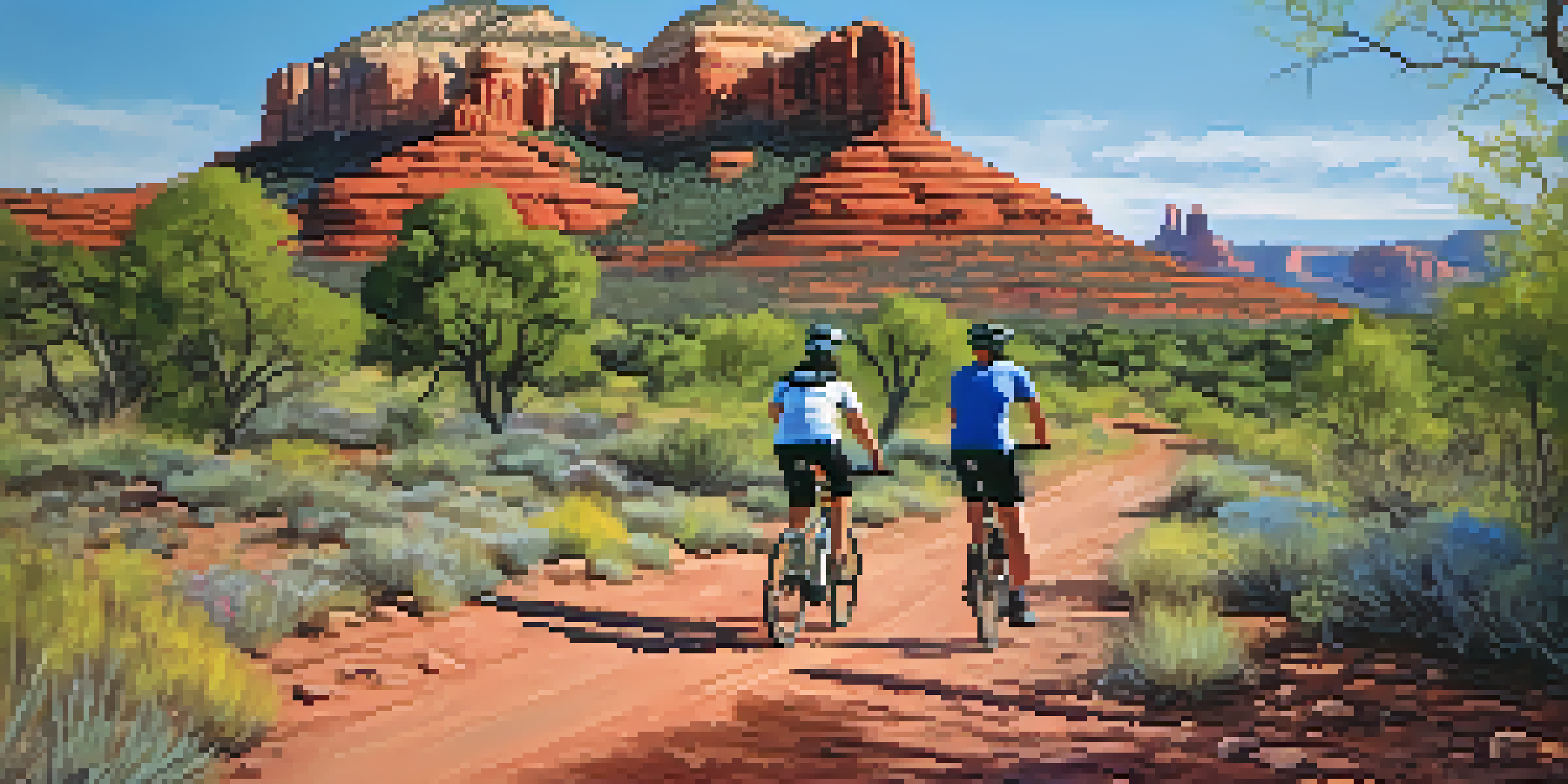 A family riding bikes on the Bell Rock Pathway with red rock formations in the background and wildflowers in the foreground.
