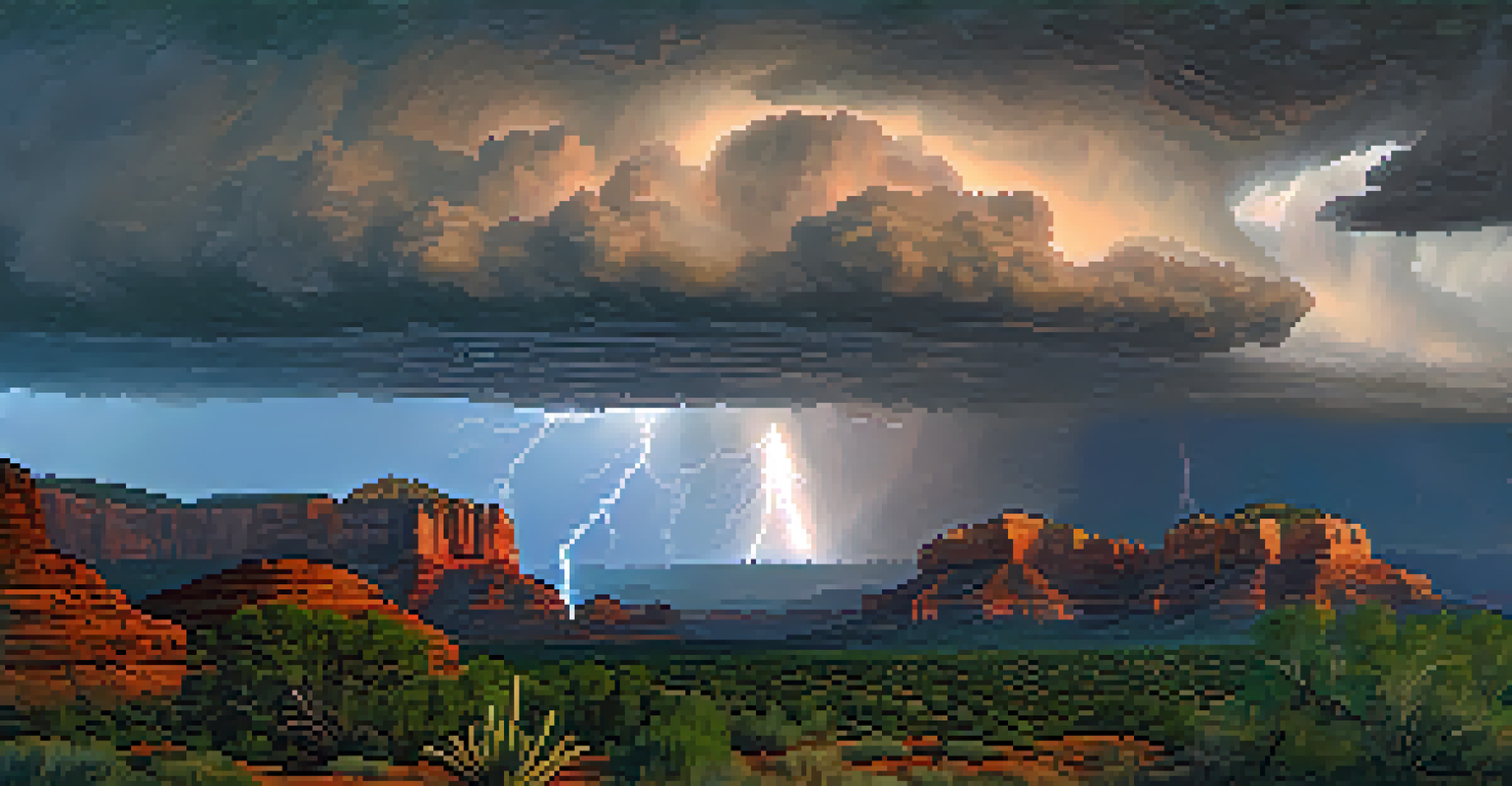 A dramatic scene of a summer thunderstorm over Sedona with dark clouds and lightning illuminating the red rocks.