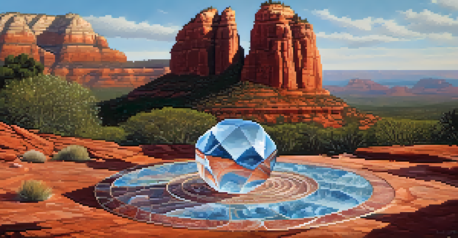 A colorful array of healing crystals arranged in a circle on rocky terrain in Sedona, showcasing the natural beauty of the area.