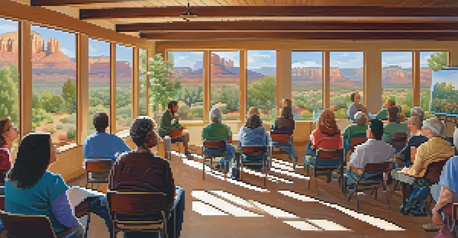 Residents attending an educational workshop in a community center in Sedona, with posters about biodiversity and sustainability visible.