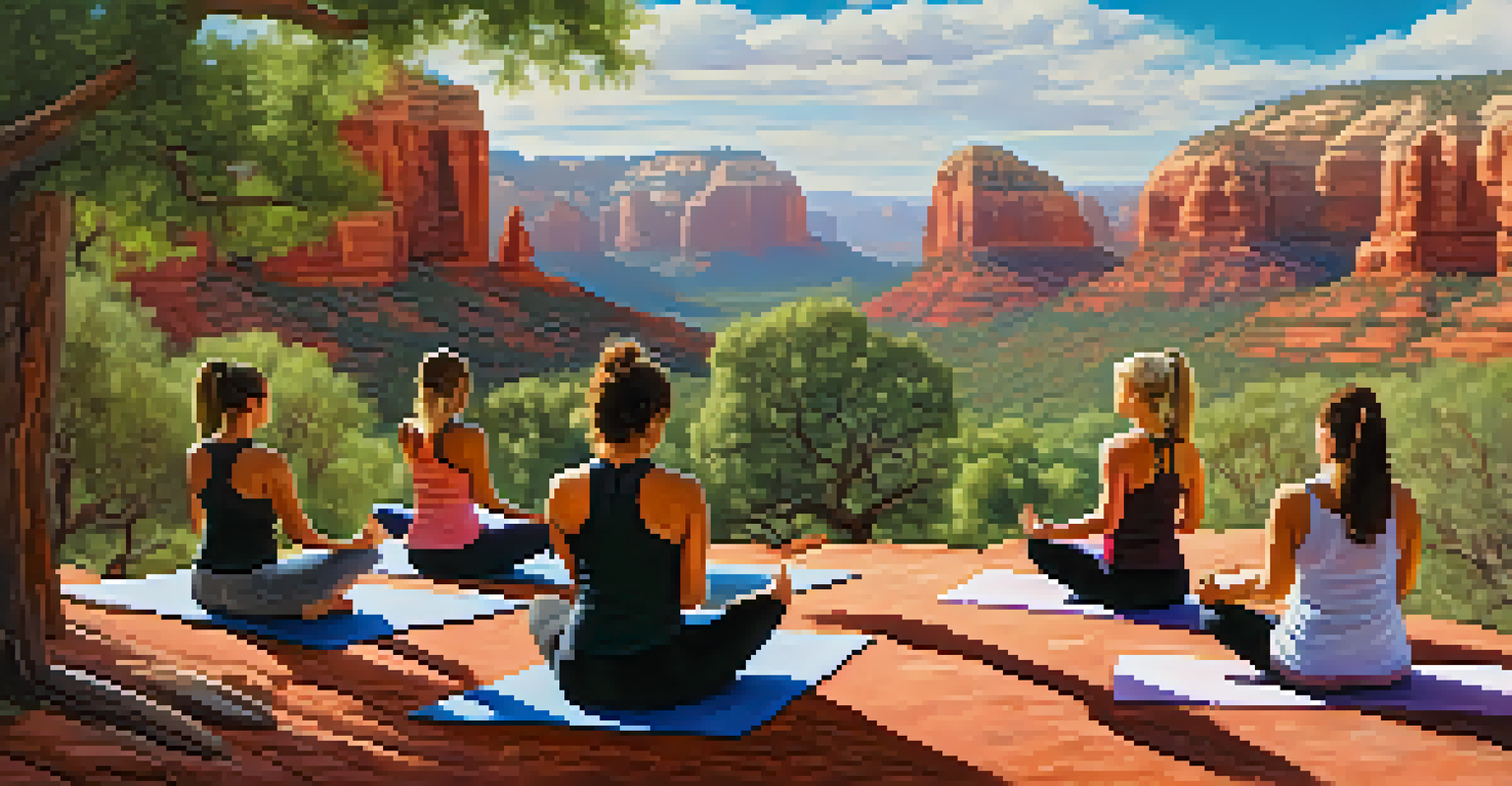 Participants practicing yoga on a mountaintop with red rocks in the background under a blue sky.