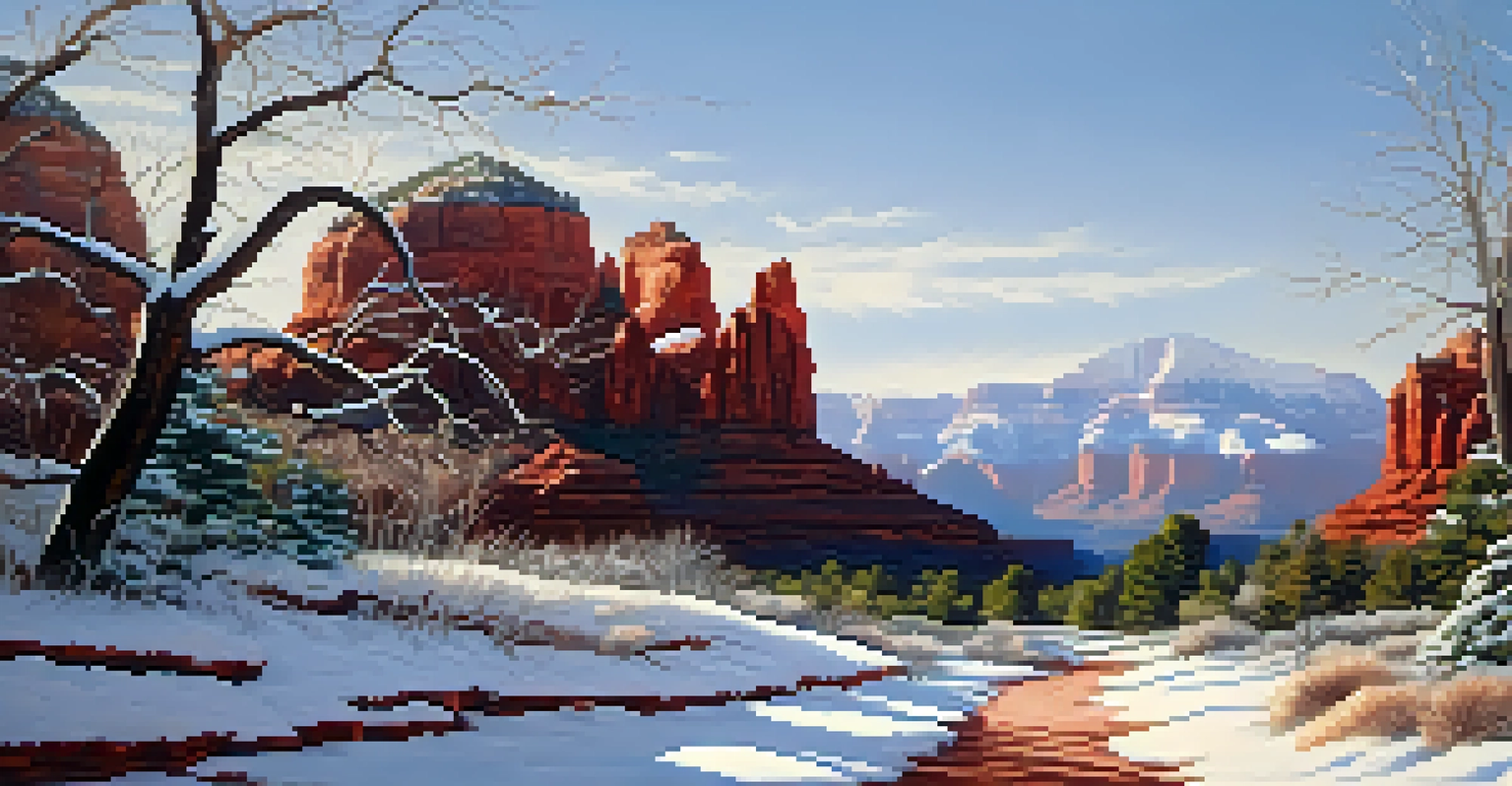 A tranquil winter landscape in Sedona with snow-covered red rocks and a peaceful trail.