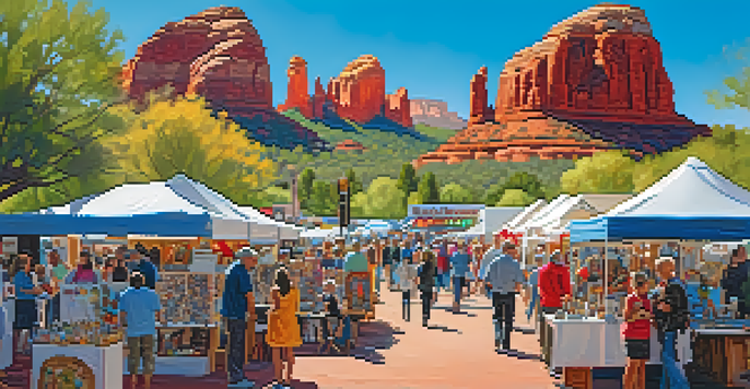 An outdoor art fair in Sedona with booths displaying colorful crafts and artworks, set against red rock formations and a blue sky.