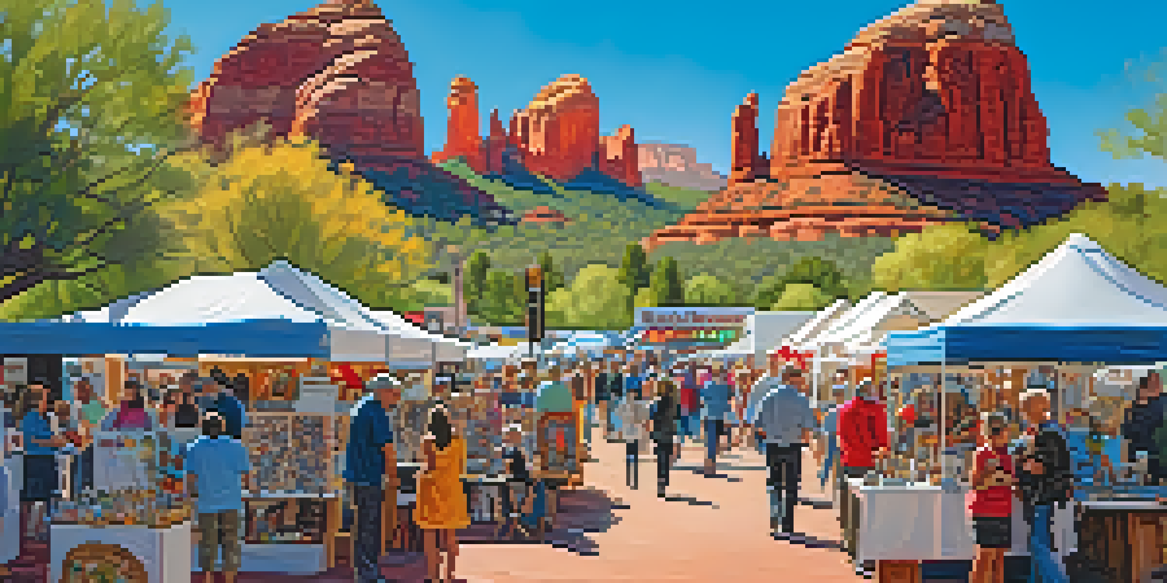An outdoor art fair in Sedona with booths displaying colorful crafts and artworks, set against red rock formations and a blue sky.