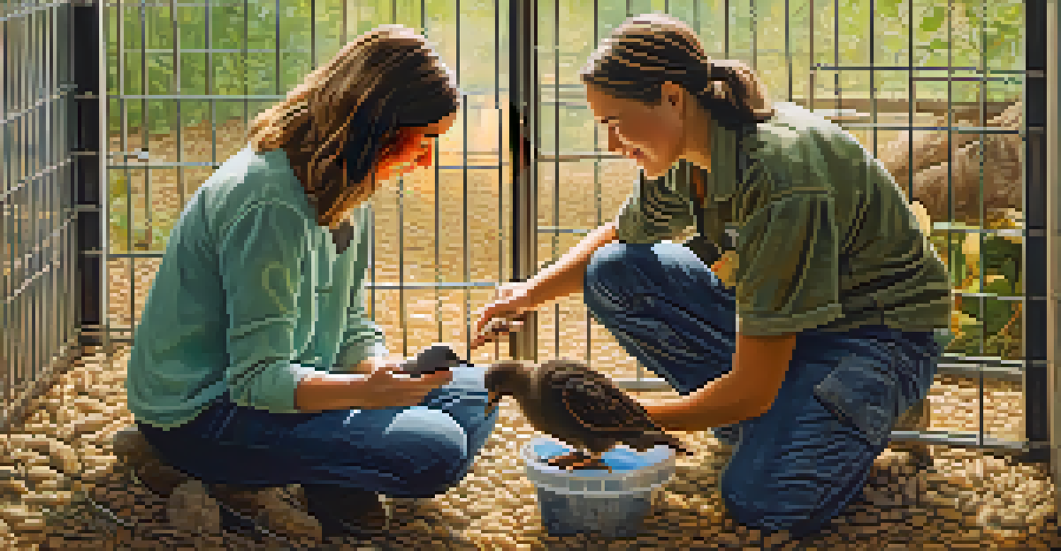 Volunteers caring for injured animals at a wildlife rehabilitation center, feeding a baby bird and surrounded by enclosures.