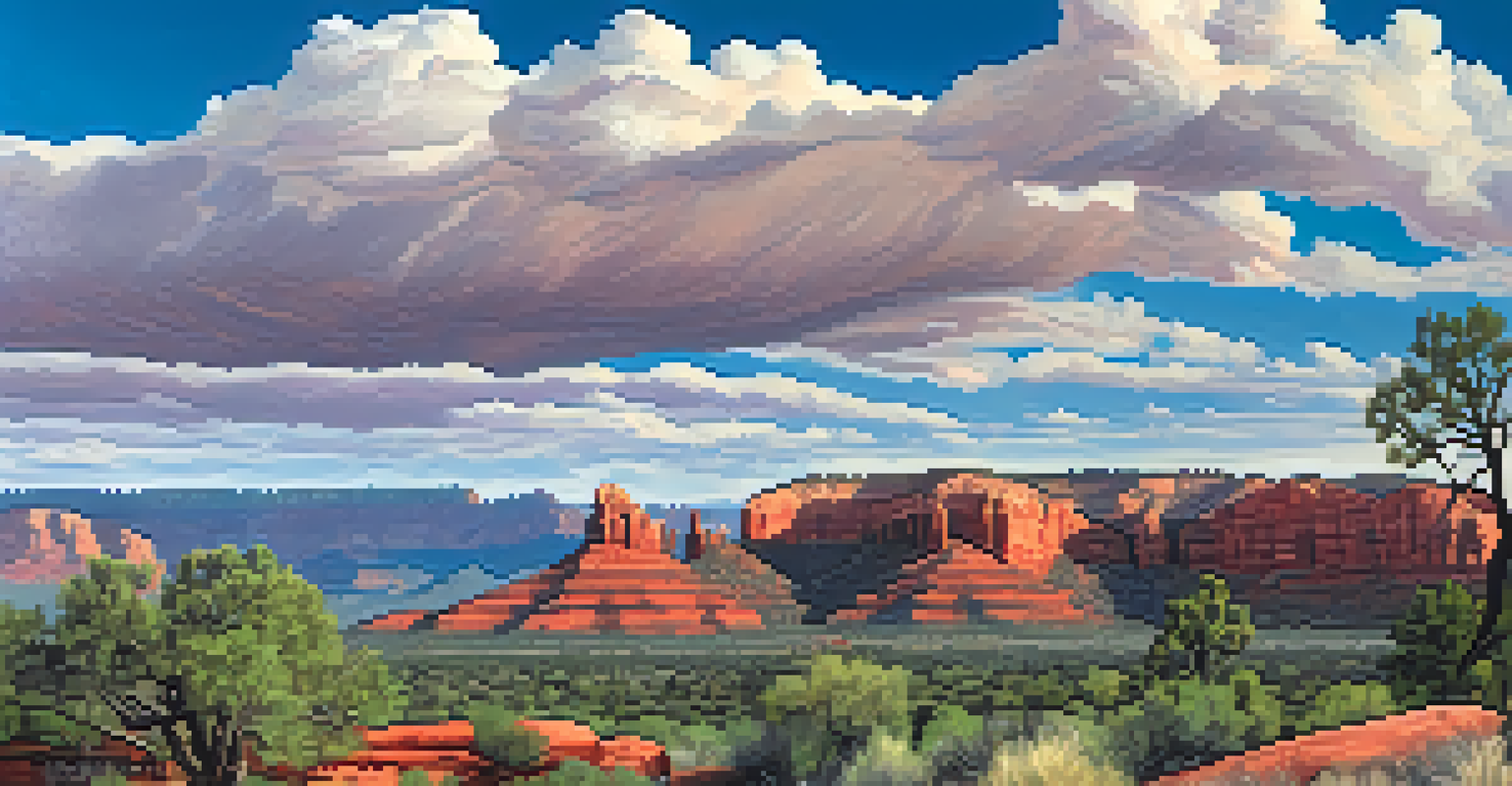 A panoramic landscape view of Sedona with dramatic clouds and red rock formations.