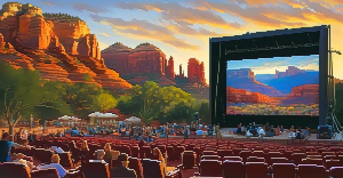 An outdoor film festival in Sedona with a large screen showing a movie, surrounded by red rock formations and an engaged audience.