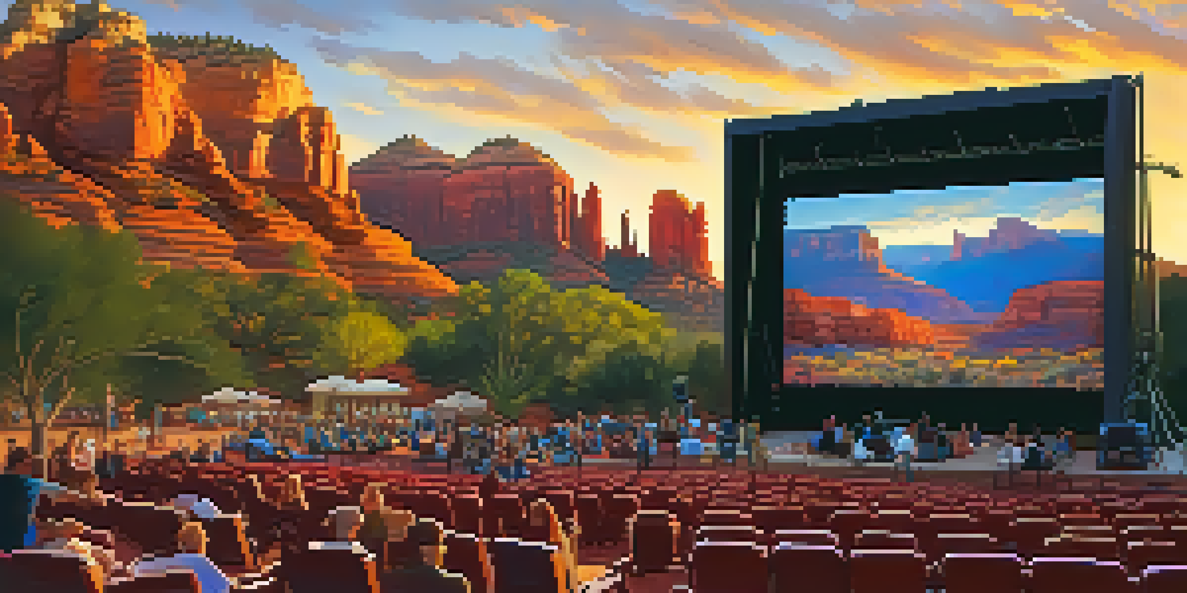 An outdoor film festival in Sedona with a large screen showing a movie, surrounded by red rock formations and an engaged audience.