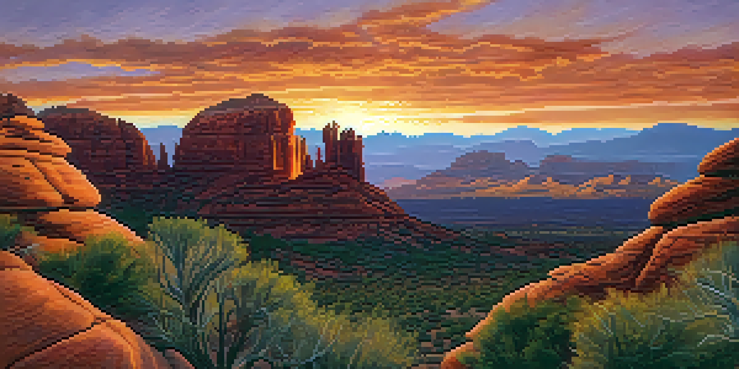 A painter silhouetted against a vibrant sunset over red rock formations in Sedona, capturing the scene on canvas.