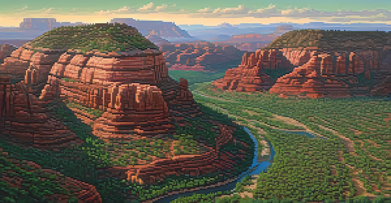 An aerial view of Sedona's desert landscape, highlighting red rock formations and green vegetation under the soft light of dusk.