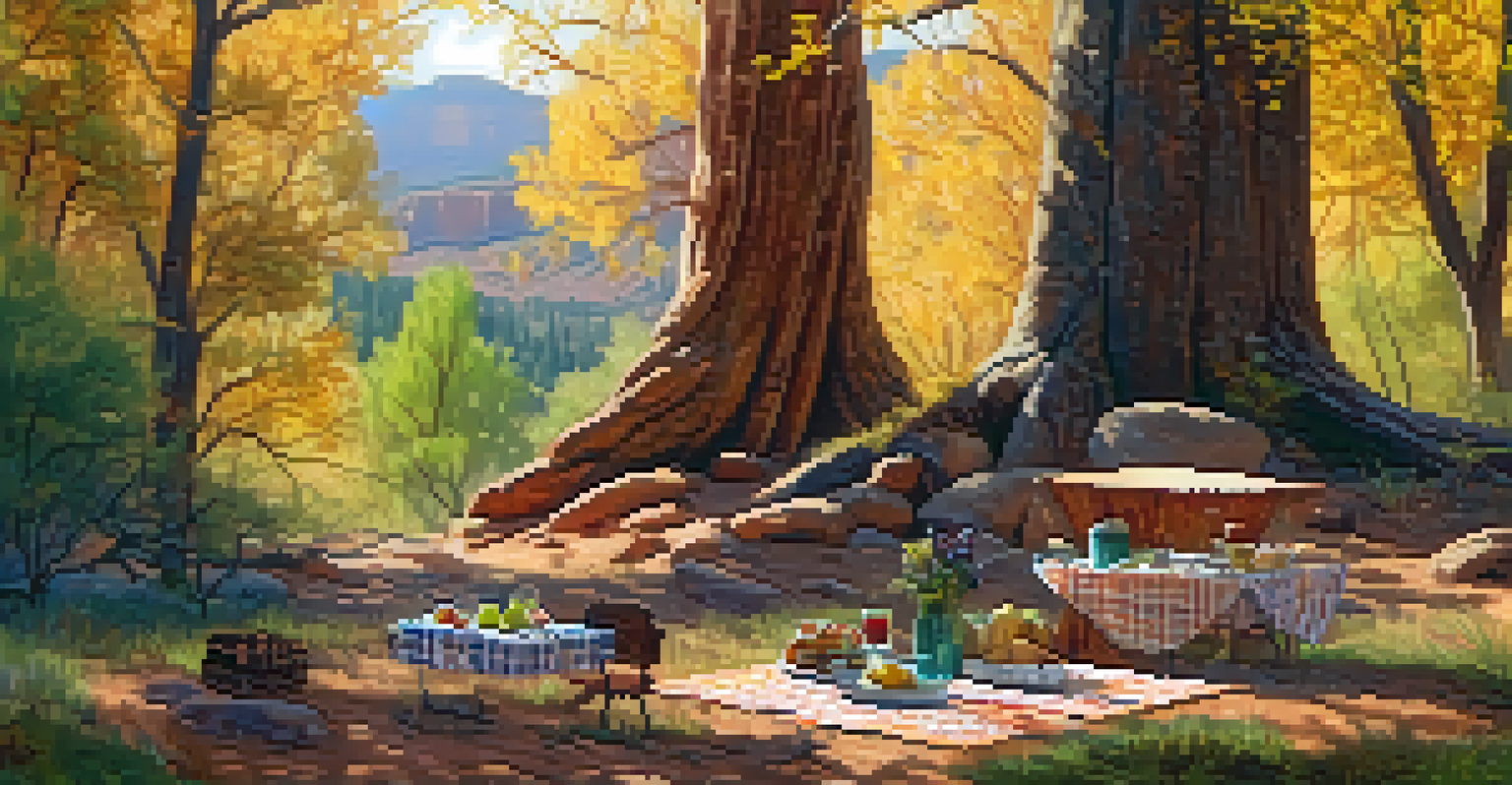 A charming picnic at West Fork Trail with a blanket, gourmet food, and vibrant autumn leaves.