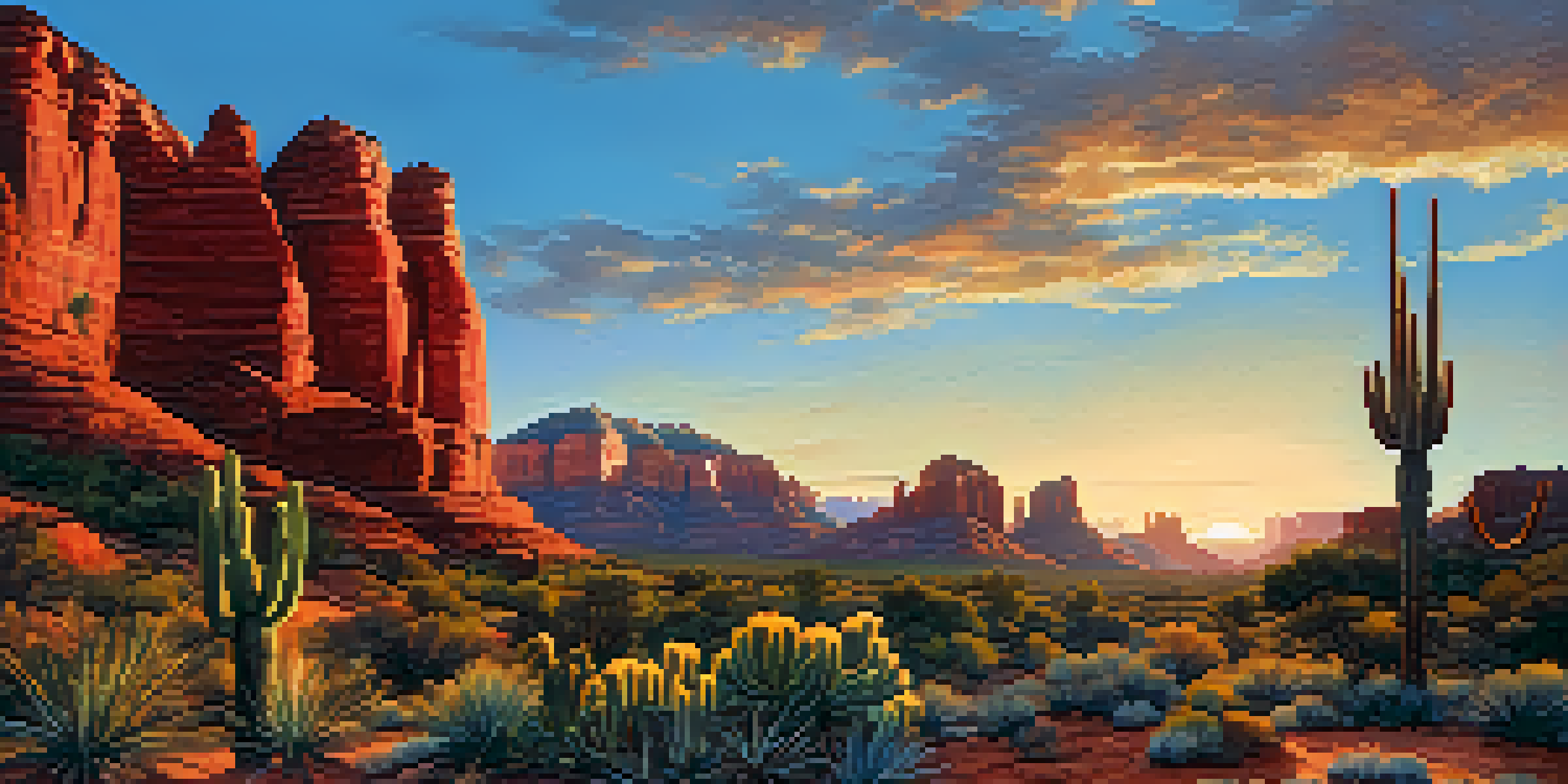 A sunset view of Sedona's Red Rock Desert featuring orange and red sandstone formations, with cacti and a roadrunner in the foreground.