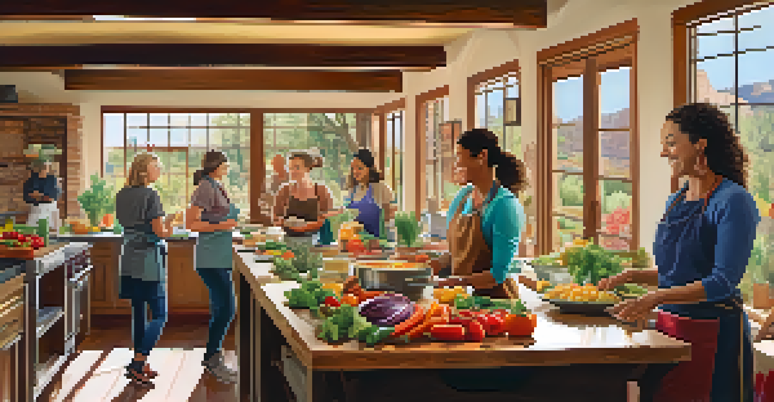 A group of people cooking together in a kitchen with fresh vegetables and herbs, creating a healthy meal.