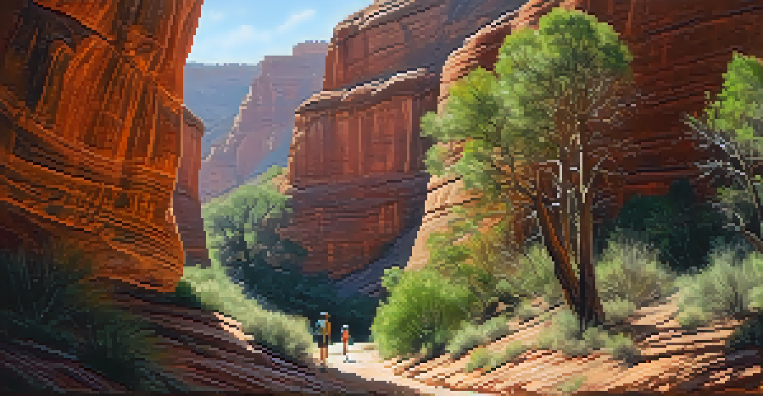 A serene view of Boynton Canyon with red cliffs, greenery, and sunlight filtering through the trees.