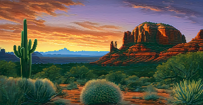 A sunset scene in Sedona with red rock formations, a silhouetted cactus, and mysterious lights in the sky.