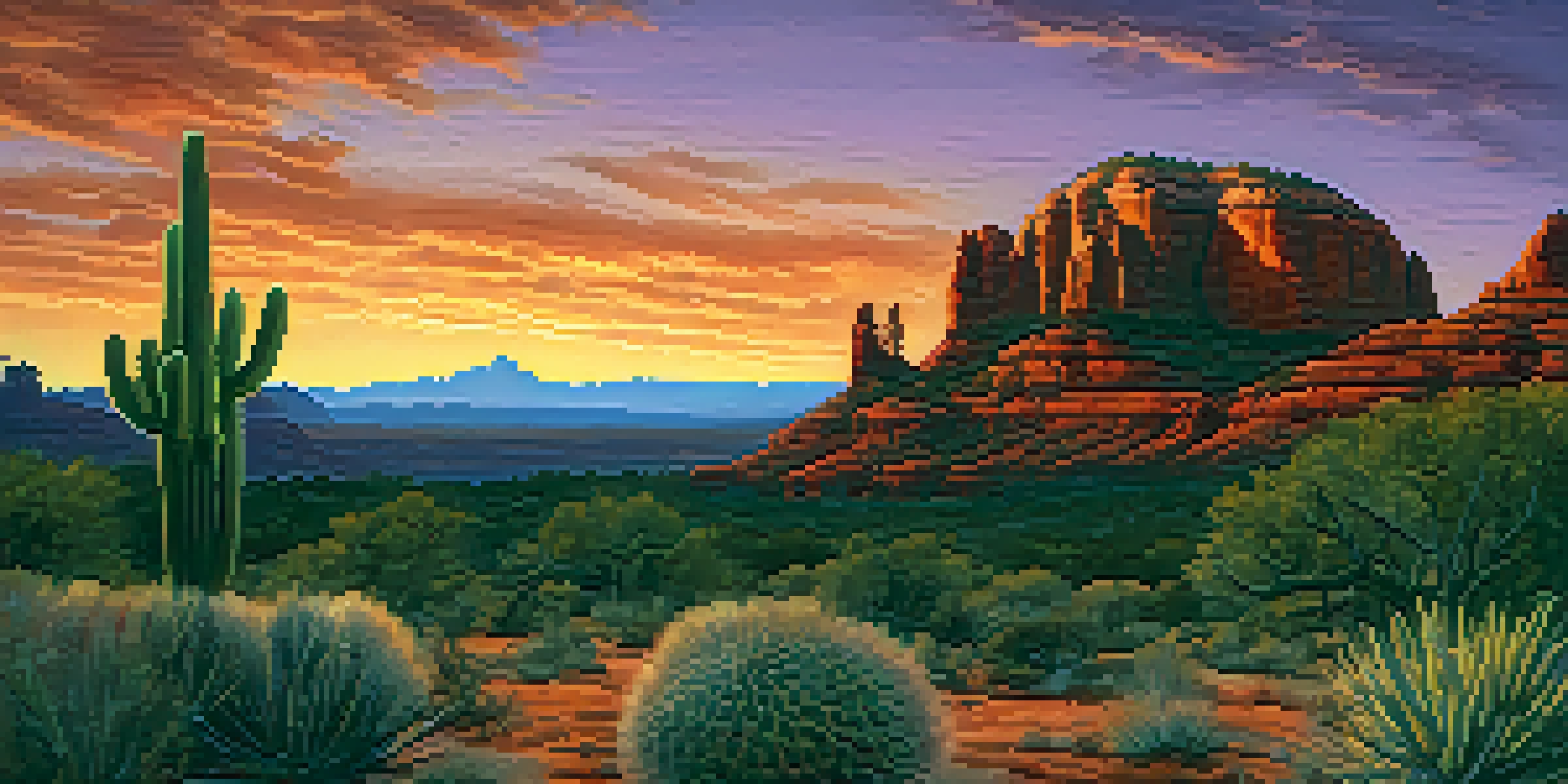 A sunset scene in Sedona with red rock formations, a silhouetted cactus, and mysterious lights in the sky.