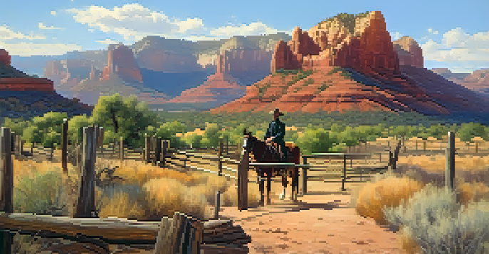 A historical scene of Sedona with George E. Davis standing near a wooden fence, surrounded by red rock formations and farm animals, under a bright blue sky.