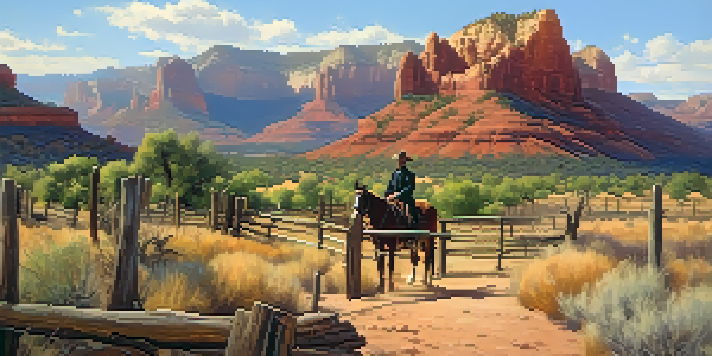 A historical scene of Sedona with George E. Davis standing near a wooden fence, surrounded by red rock formations and farm animals, under a bright blue sky.