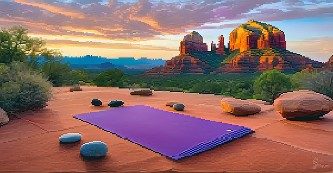 A sunset view of Sedona's red rock formations with a meditation spot featuring a colorful yoga mat and stones.