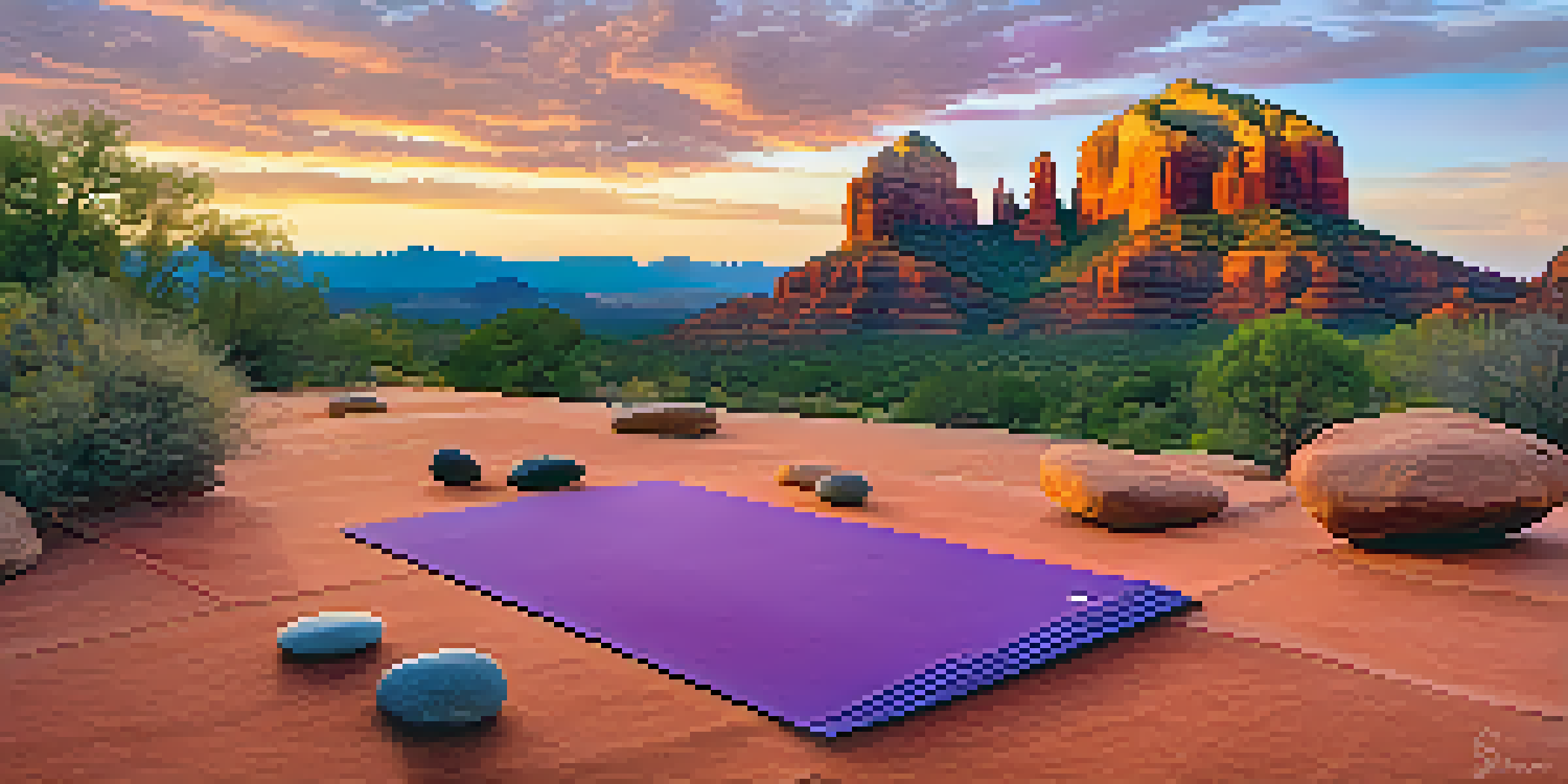 A sunset view of Sedona's red rock formations with a meditation spot featuring a colorful yoga mat and stones.