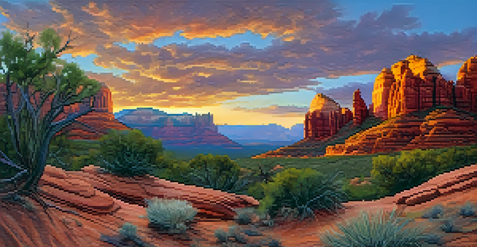 A scenic sunset view of Sedona's red rock formations with a hiking trail in the foreground.