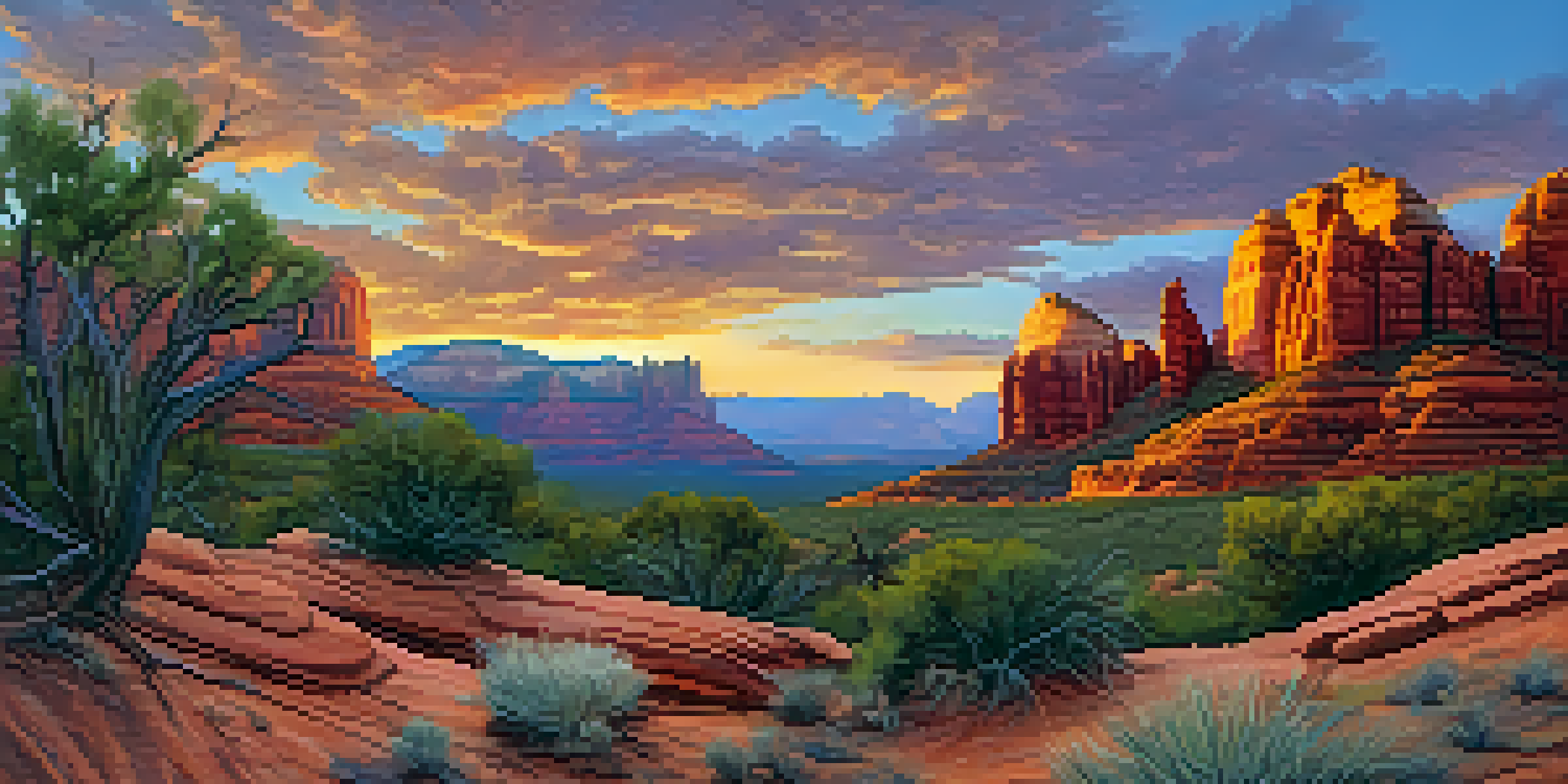 A scenic sunset view of Sedona's red rock formations with a hiking trail in the foreground.