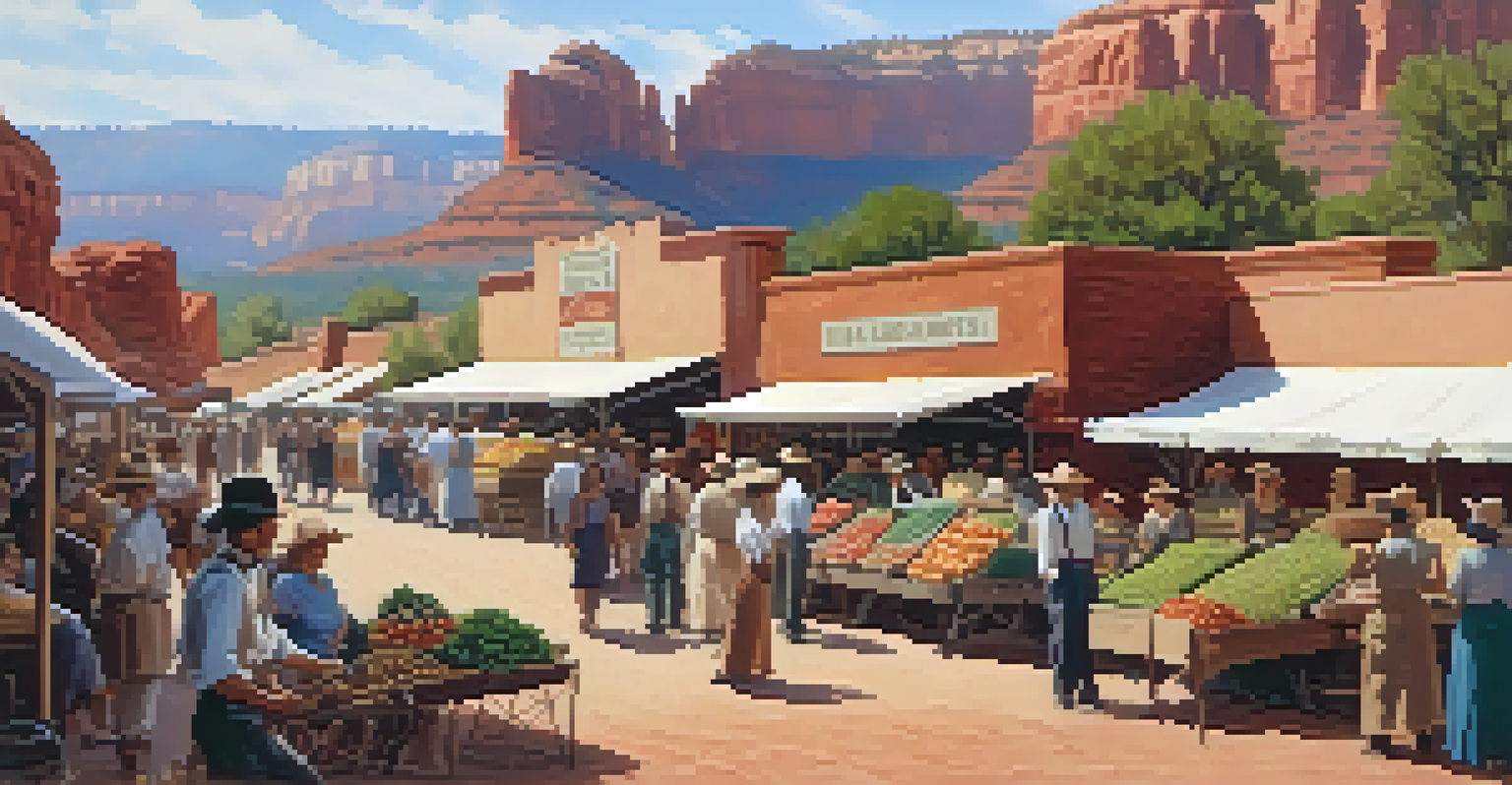 A vibrant market scene in Sedona with farmers and tourists, featuring the historic railroad station.