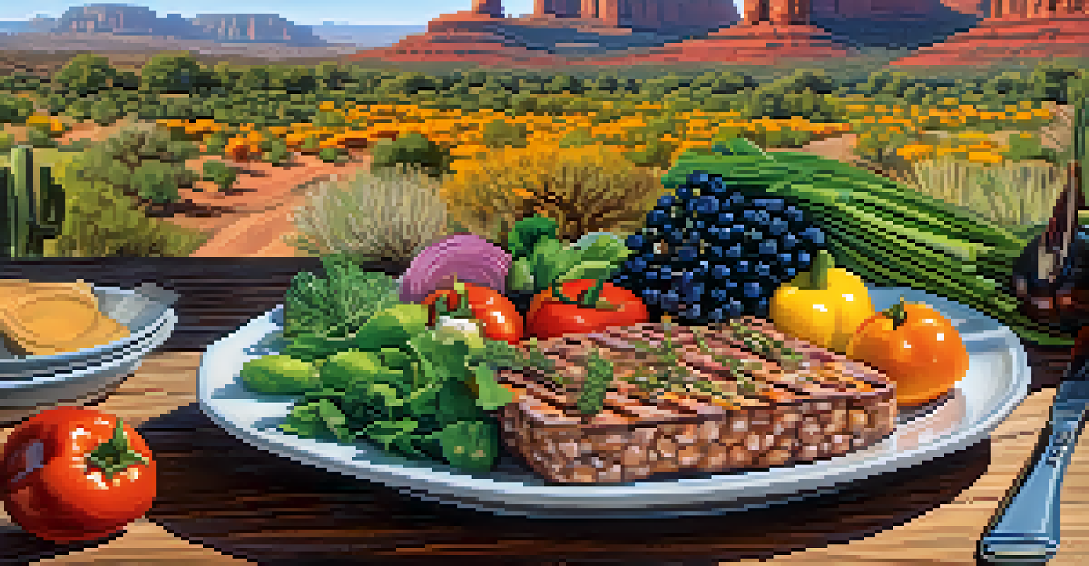 A colorful plate of organic food on a rustic table with Sedona's landscapes in the background.
