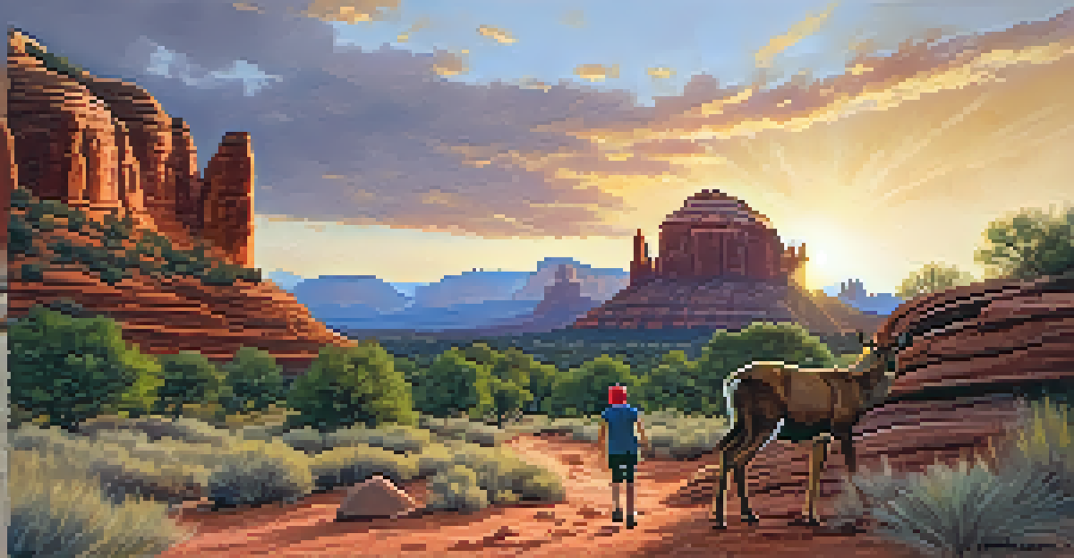 A family hiking on Bell Rock Trail in Sedona at sunset, with a child pointing at a deer in the foreground.