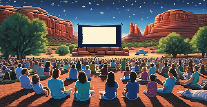 An outdoor movie screening in Sedona at dusk, with people sitting on blankets, a large screen showing a film, and red rock formations in the background.