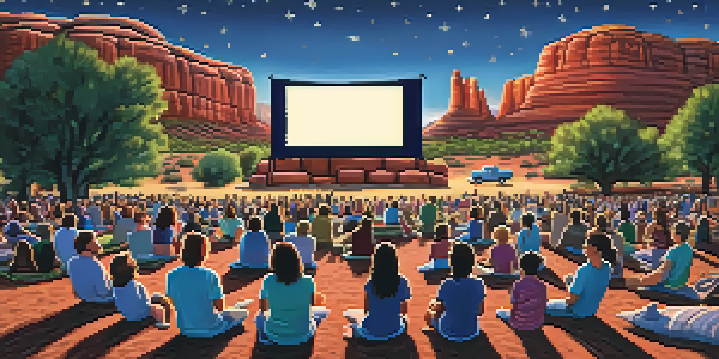An outdoor movie screening in Sedona at dusk, with people sitting on blankets, a large screen showing a film, and red rock formations in the background.