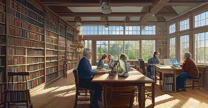 A cozy interior of a Family History Center with people researching genealogy, surrounded by books and natural light.