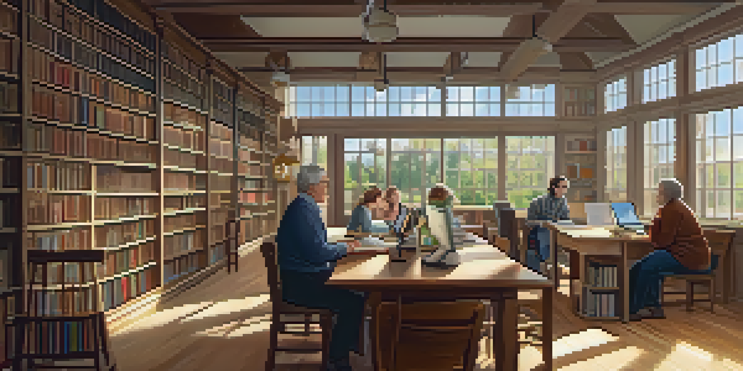 A cozy interior of a Family History Center with people researching genealogy, surrounded by books and natural light.