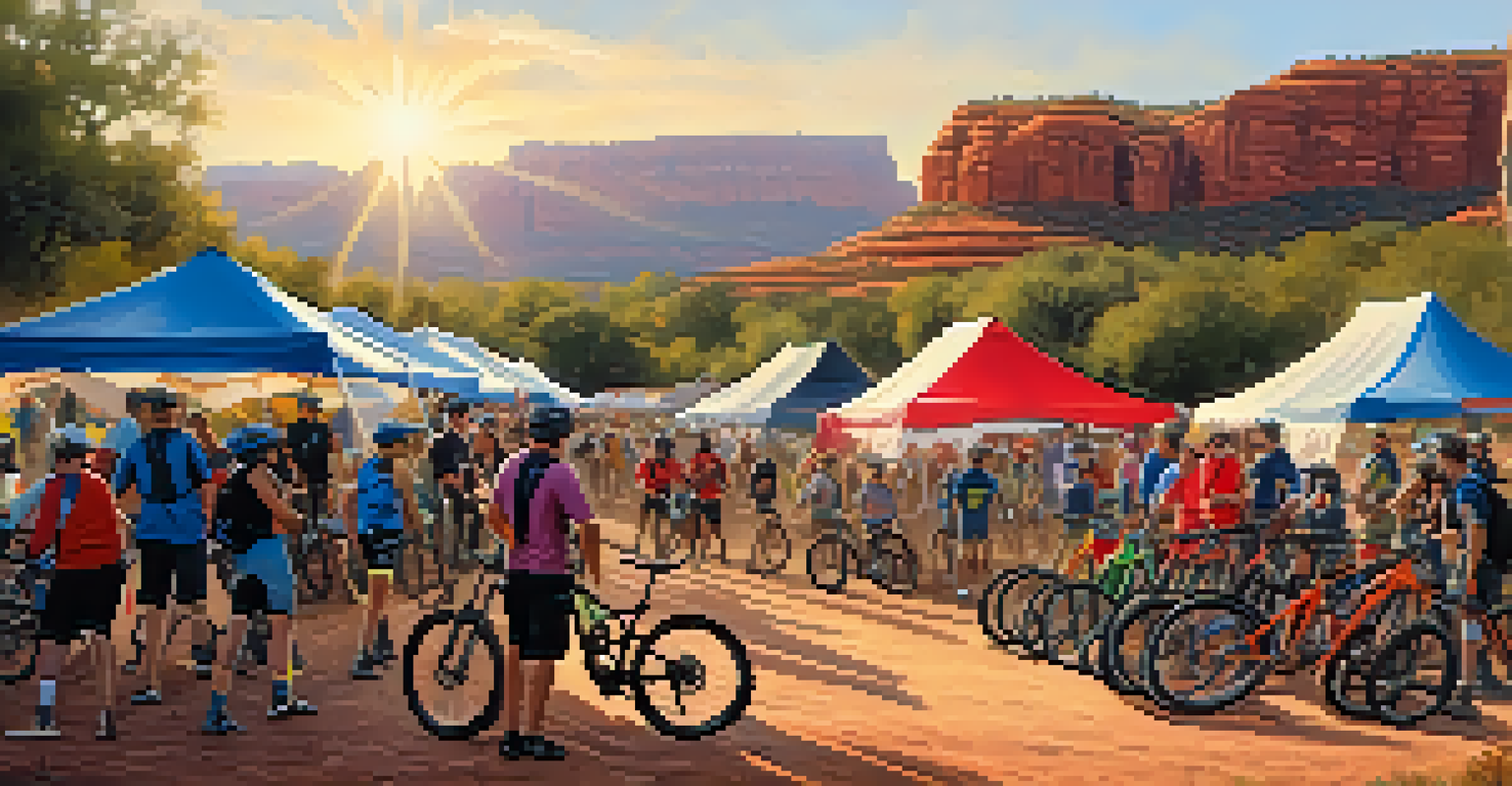 A lively scene at the Sedona Mountain Bike Festival with bikers gathering and preparing for rides under a golden sunset.