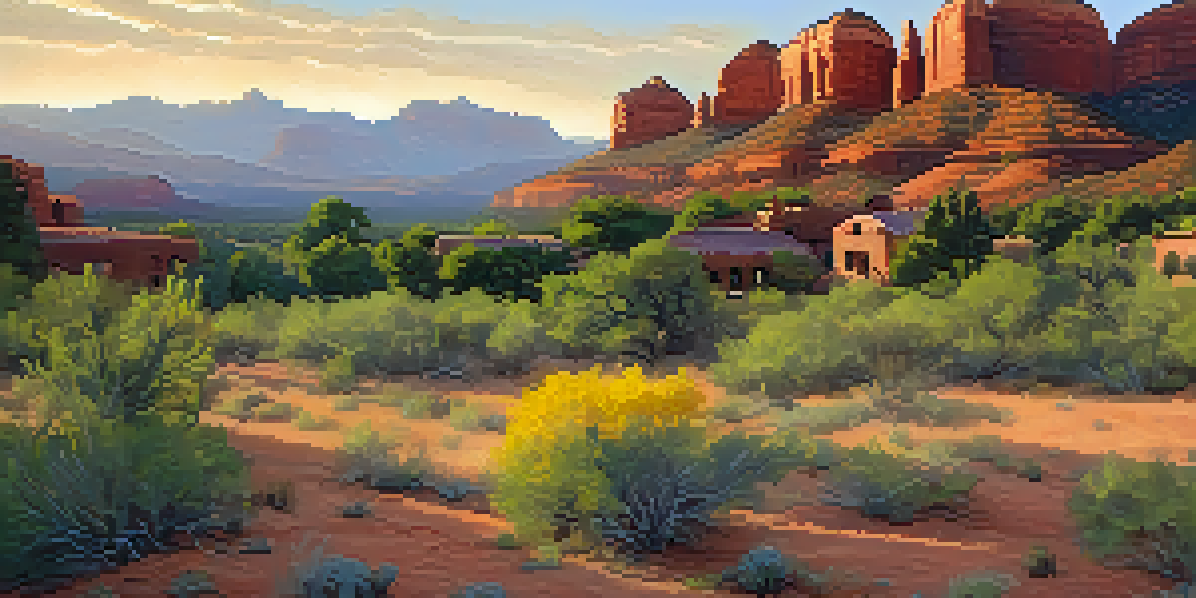 A tranquil view of Sedona's abandoned adobe buildings surrounded by nature, with red rock formations in the background.