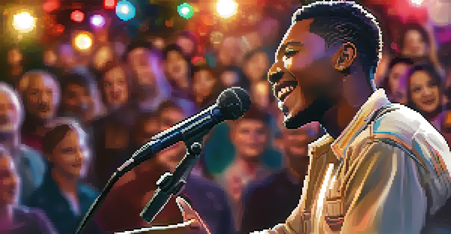 A close-up of a passionate performer reciting a poem at an open mic night, with an engaged audience in the background.
