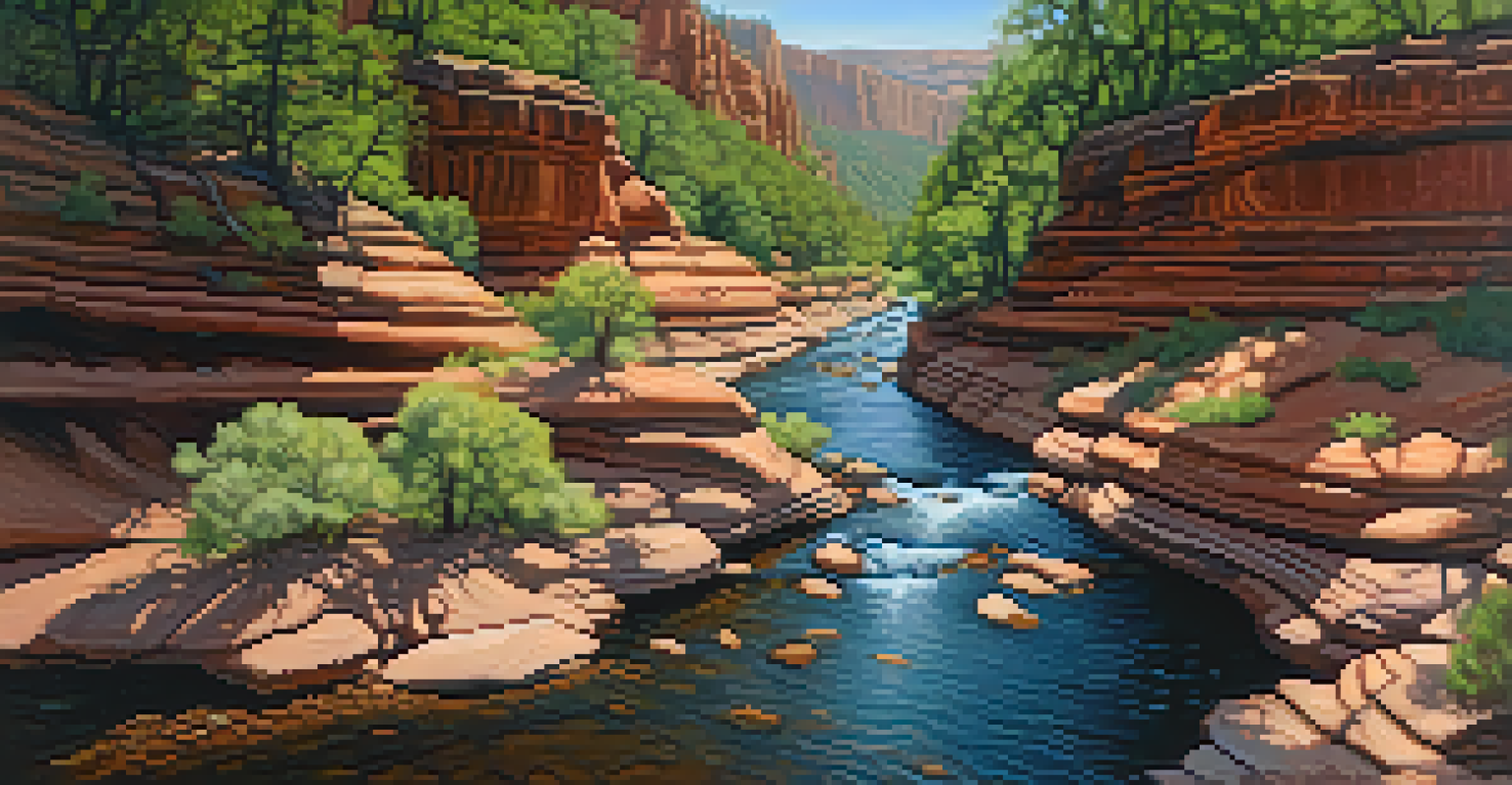 An aerial view of Oak Creek Canyon with lush greenery and flowing waters, highlighting the steep canyon walls and sunlight filtering through trees.