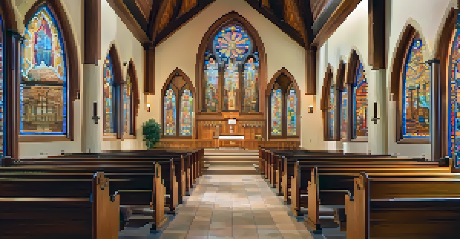 The interior of a church featuring colorful stained glass windows and detailed woodwork, illuminated by sunlight, with warm earth tones.